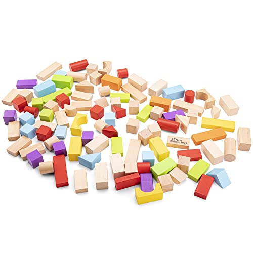 New Classic Toys 10812 drewniane klocki konstrukcyjne w bębnie edukacyjna zabawka percepcyjna dla dzieci w wieku przedszkolnym dla małych dzieci chłopców dziewczynek, wielokolorowa, 100 sztuk
