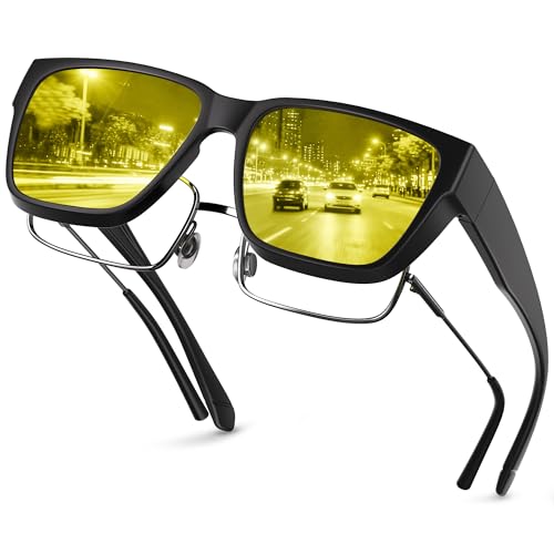 kunchu Nachtsichtbrille-Nachtfahrbrille Herren für Brillenträger Polarisierte Nachtsichtbrille für Autofahrer Ultra Leicht Nachtbrille zum Autofahren Überzieh Sonnenbrille-Schwarz