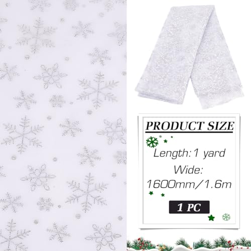 MAYJOYDIY Snowflake Silver Foil Mesh Fabric 160cm Ghost White Nylon Tulle Fabric Rolls Sheer Fabric for DIY Tutu Skirt Gift Bow Wedding Winter Party Dress Tablecloth Background Decorations - Image 2