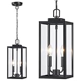 MYHXQ 15'' Large Outdoor Pendant Light 2-Light, Modern Black Metal Outside Chandelier Exterior Hanging Fixture Ceiling Mount with Clear Glass for Front Porch Entrance Foyer Entryway, 1 Pack