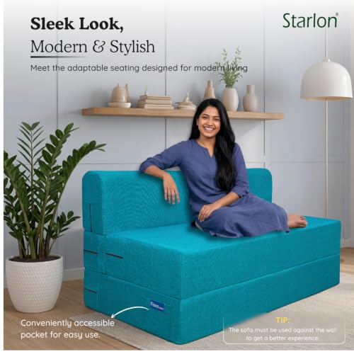 Image of Starlon 3 Seater Sofa Cum Bed Foldable 3-in-1 Sofa Bed with 1 Year Warranty, Washable Jute Fabric Cover & 2 Waves Pillows | Aqua Teal 5x6.5 Ft