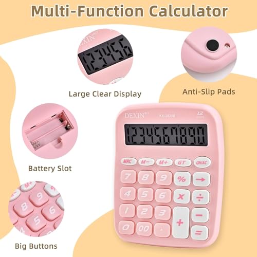 Image of Calculator, 12 Digit Adding Machine with Big Buttons, Large LCD Display, Office Desk Calculator, Pink