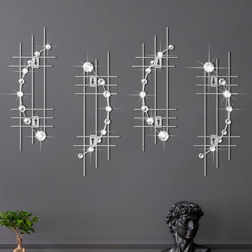Lingvee 4 Pcs Metal Rhinestones Sunburst Wall Decor 3D Silver Jew...