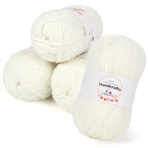 Aeelike 200g(4x50g) Häkelgarn Baumwolle zum Stricken, Langlebige Amigurumi-Set 100% Polyacryl Baumwollgarn, 5Ply Garn zum Häkeln für Socken, Mützen, Schals, Pullover, Puppen, Milchig Weiß