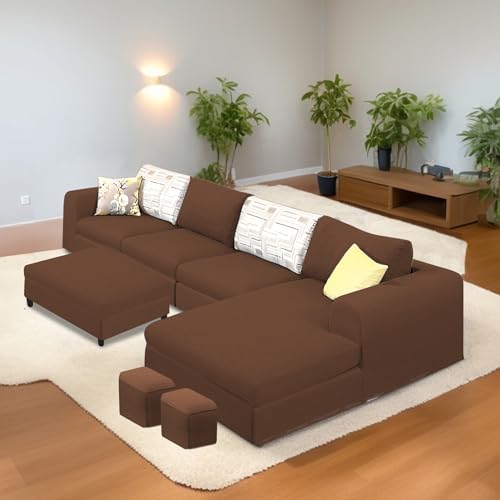 Image of Koza RHS 8 Seater L Shape Sofa Set with Center Table for Living Room (Brown Fabric) Premium Fabric Sofa