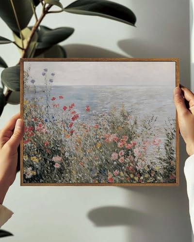 Image of KISSFOX Framed Wall Art Vintage Wall Decor Coastal Canvas Art Wildflower Pictures Seascape Paintings Rustic Prints Impressionist Artwork For Bedroom Living Room Kitchen
