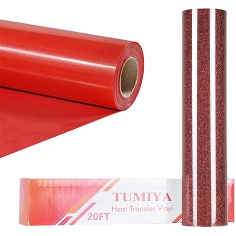 TUMIYA 12" x 8ft Red Heat Transfer Vinyl, 12” x 20ft Glitter Red HTV Vinyl - Glitter Heat Transfer Vinyl Rolls, Red Iron on Vinyl for DIY Design Cover