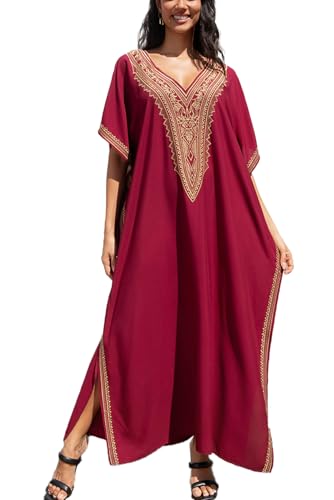 YOUKD Brodé Floral Spacieux Caftan Boho Plage Bikini Couvrir Jusqu’à La Robe Grande Taille pour Les Femmes