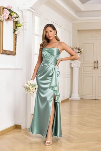 MYDRESS Pleated Satin Bridesmaid Dresses for Wedding Spaghetti Straps Bodycon Ruffled Evening Formal Gown4