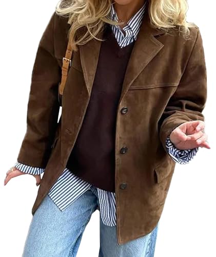 SEMATOMALA Women's Y2K Faux Suede Jacket Blazer Dark Brown Button Down Boyfriend Fall Winter Shacket Coat