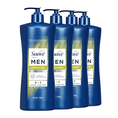 Suave Men Citrus Rush Daily Clean 3 in 1 Shampoo Conditioner & Body Wash with Glycerin & Keratin Hydrates & Smooths Hair Citrus Scent 4 Count 28 FL OZ Pump
