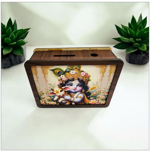 Image of RHT Bal Krishna Printed Money Saving Box for Adult and Kids Wooden Piggy Bank: Premium Money Saving Box for Adults, Girls, and Kids - Saving Box for Women Stylish Kiddy Money Bank (Black)