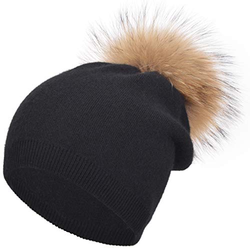 Black Women Beanie Winter Hat for Women Knitted Beanie Slouchy Women Real Fur Pom Pom Cashmere Hat with Real Fur Pom Pom Beanie for Winter Women Warm Hat Baggy Slouchy Hats for Women Stocking Cap