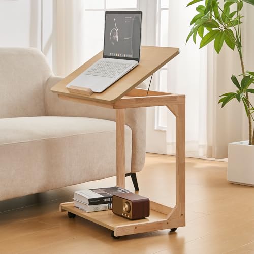 Image of Uniclinens Rolling Side Table Desk Sofa - C Shape Couch End Table with Wheels, Mobile Wooden Slim Sofa Tray, Movable Small Couch Desk for Living Room Bedroom, Natural