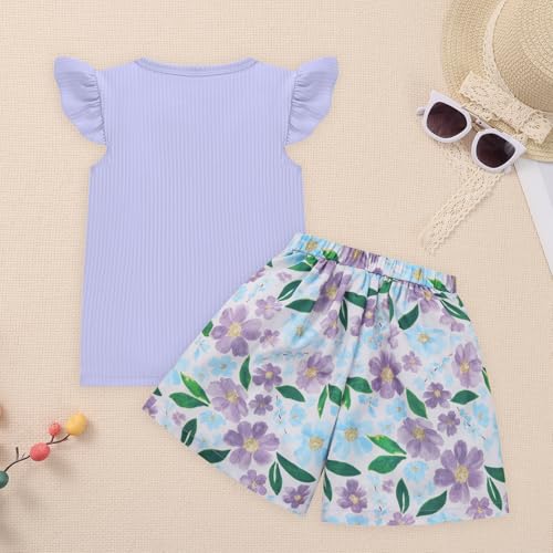 Toddler Baby Girl Summer Clothes Ruffled Sleeve Ribbed Knit T-Shirt Tops Cute Floral Shorts Set 2Pcs Outfits 2-8Y3