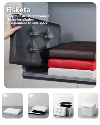 Image of Bsketa Storage Ottoman Bench,17 Inch Folding Leather Foot Rest Stool,White | Ottoman with Storage, Thicker Foam Padded Seat, Living Room, Dorm, Bedroom, Load 330 lbs,Easy to install,17x13x13in