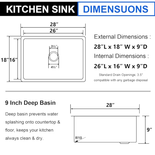 Image of 28 Inch Undermount Kitchen Sink Black, 28x18 Under Mount Gunmetal Black Stainless Steel 16 Gauge 9 Inch Deep Single Bowl Kitchen Sink with Strainer