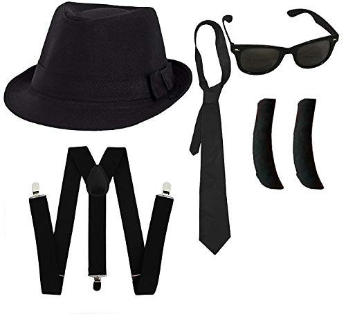 Déguisement accessoires pour adulte des frêres qui ont le blues avec un chapeau (60cm) + des bretelles + une cravate + des lunettes + des favoris (barbe). Idéal pour les enterrements de vie de garçon.