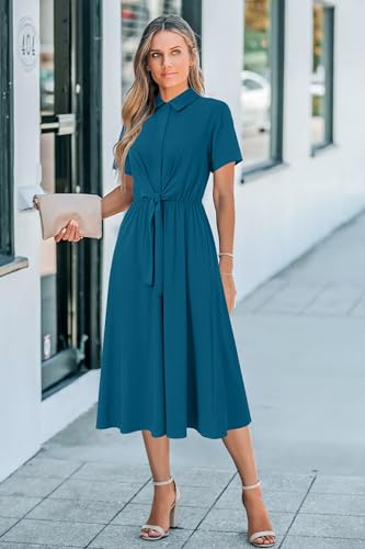 Image of Newshows Women's Work Business Casual Outfits Tie Waist Midi Shirt Dress | Lightweight & Breathable Easy-care Fabric, Side Pockets, Decent Professional Attire, Church Office Funeral Outfits