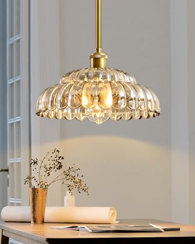 Image of ChenSolara Amber Glass Pendant Light, Adjustable Hanging Lamp for Sloped Ceiling, Modern Brass Ceiling Light, Kitchen & Dining Room Lighting
