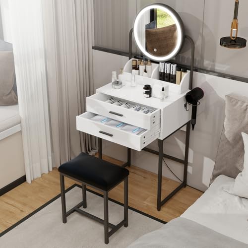 YU YUSING Tocador con Espejo LED, Tocador de Maquillaje Dormitorio con Taburete 2 Cajones 2 Compartimentos Abiertos, Iluminación Ajustable, Mesa Cosmética para Dormitorio, Moderno, Blanco y Negro
