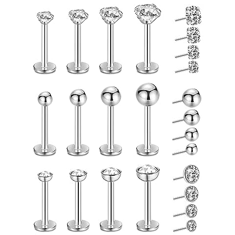 NICEIGHT 16G 18G 20G 12Pcs Stainless Steel Threadless Earrings for Women Men Cartilage Tragus Helix Earrings Lip Stud Push in Nose Studs CZ Labret Monroe Stud Medusa Piercing Jewelry 16G 6MM Cover