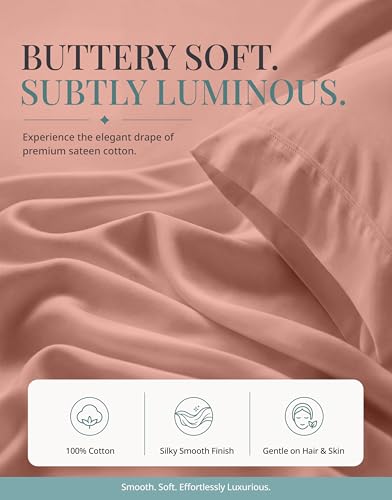 Image of 450TC 100% Cotton Split King Sheet Set - Silky Sateen Weave, Rose Dawn