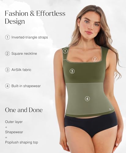 Image of Popilush Tank Tops for Women Square Neck Shapewear Tummy Control Shirts Sleeveless Basic Double Lined Going Out Top