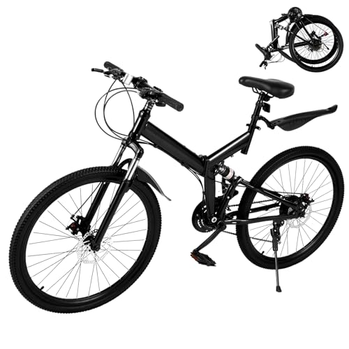 Bicicleta de montaña plegable de 26 pulgadas Bicicleta de montaña de 21 velocidades,Frenos de disco dobles de suspensión completa,Marco rígido,Bicicleta de acero al carbono para niñas, niños, hombres