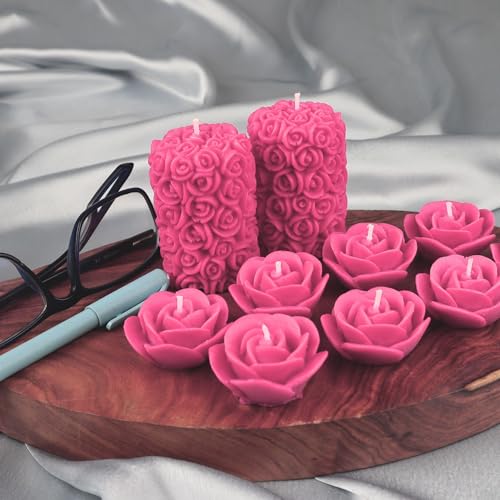 Image of Wax Scented Candles For Home Decor, Coconut Blossom Fragrance, Pillar And Floating Candles Combo, Pink Colour, Pack Of 10, 4 X 7 Cm