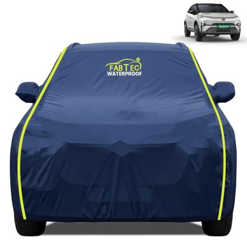 Image of FABTEC Premium Waterproof Car Body Cover for Tata Nexon EV All Weather Protection Car Cover Scratch Proof with Mirror Pocket (Navy Blue)