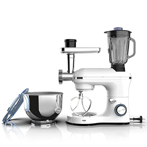 3 in 1 Stand Mixer 6 Speed Tilt-Head Kitchen Standing Mixer with 6.5QT Stainless Steel Bowl, 850W Dough Hook Whisk Beater, Meat Blender and Juice Extractor White