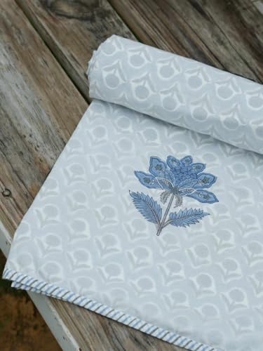 Image of Florazul Queen Bed Size A /c Comforter | Muslin Dohar - 100% Cotton | 200TC | 3-Layer Lightweight Reversible Blanket | Hand Block Floral Print | Soft, Breathable, Quilt for Home & Bedroom (Blue)