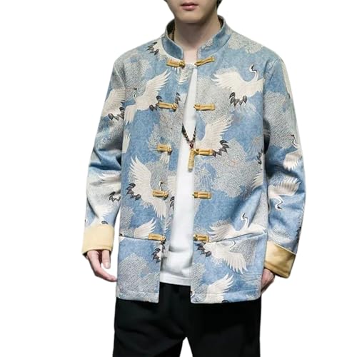 Veste homme col montant style chinois au motif grue et boutons traditionnels