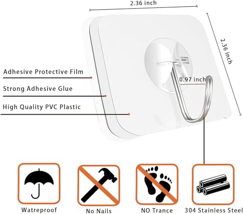 Image of Latoxcaa Heavy Duty Adhesive Hooks 30-Pack: Holds 22lb, Strong Reusable & Waterproof Wall Hooks for Kitchen, Bathroom, Office - No Drilling, No Residue
