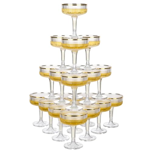 Houmury 7oz Plastic Wine Glasses Unbreakable Wedding Plastic Champagne Flutes Goblet Glasses Reusable Clear Acrylic Martini Drinkware For Birthday Party (20, Clear Gold Rim)