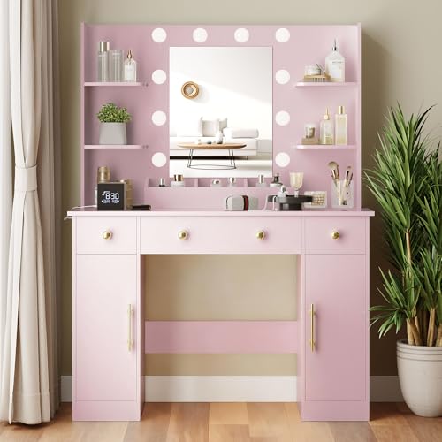 Image of Wodeer Makeup Vanity Desk with Mirror and Lights, 43 inch Pink Vanity Set with 3 Drawers, Power Outlet & Adjustable RGB LED Lights, Dressing Table with Storage Shelf for Women & Girls Bedroom