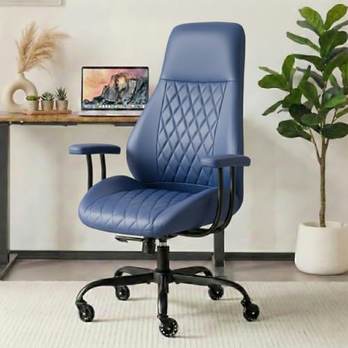 Image of E-Motie Office Chair with Rubber Wheels, Ergonomic Computer Chair 500 lbs, Leather Desk Chair with Lumbar Support, Executive Chair Adjustable Height & Recline, Blue