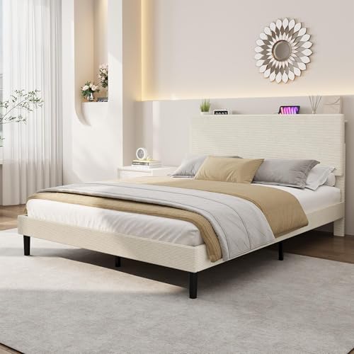 Image of GarveeLife Corduroy Upholstered Platform Bed Frame with USB Charging Station, Adjustable Storage Headboard, Wooden Slat Support, No Box Spring Needed, Easy Assembly, Full Beige