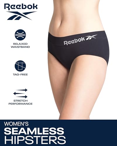 Reebok Hipster Panties for Women - 5 Pack Stretch Performance Seamless Underwear with Relaxed Tagless Waist (S-XL), Size Large, Black/Charcoal/Heather Grey Melange/Black/Steel Grey