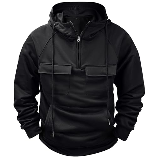 SMUXP Comabat - Sudadera con capucha para hombre, con múltiples bolsillos, cremallera de un cuarto, de manga larga, duradera, táctica, perfecta para el trabajo de ocio, Negro, L