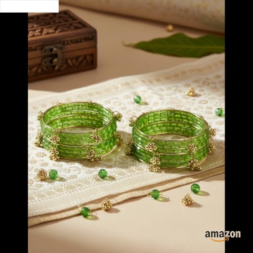 Image of NEW SURYA ENTRPRISES Kashmiri Ghangharoo Glass Bangle Set for Women|Light Weight Bangles|Traditional Transparent Fancy Glass Chudi Set Of 16(12 Glass + 4 ghungroo bangles)
