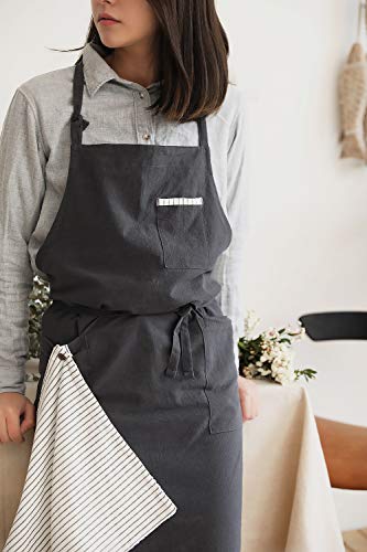 Adjustable Japan Nordic Style Soft Cotton Linen Apron With Four Pockets A Towel (Dark Gray) #TOP2