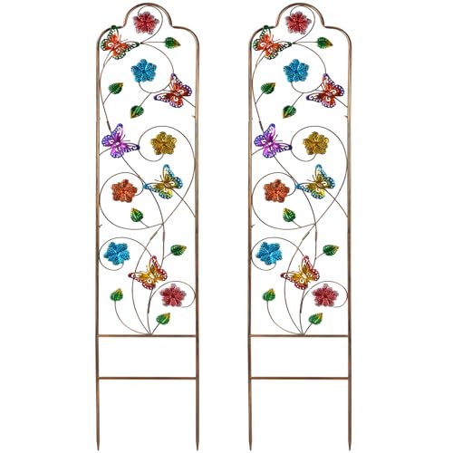 2-Pack Metal-Garden-Trellis Plant-Support-Trellises Outdoor-Decoration Arched-Fence-Trellis - for Climbing Plants Patio Lawn Yard Backyard Wall Brackets 60'' H x 12'' W Colorful Butterfly