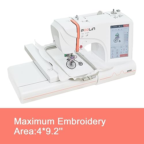 Poolin Computerized Embroidery Machine For Clothing, 7'' Large Lcd Touchscreen, 4" X 9.2" Large Embroidery Area For Beginners, Combo Include Threads&Tear Away Stabilizer&Bobbins #TOP2