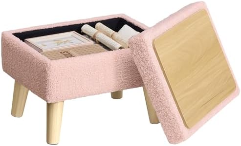 SONGMICS Storage Ottoman, Foot Stool, Ottoman with Padded Seat, Foot Rest with Wood Legs, Small Table, for Hallway, Living Room, 30 x 40 x 30 cm, Teddy Fleece, Jelly Pink ULOM518SA01