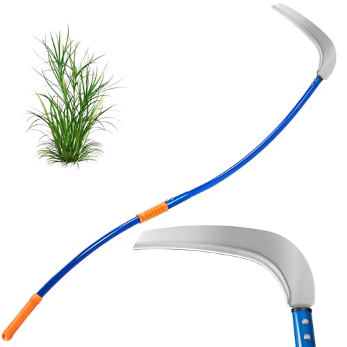12.6 Scythe Tool for Grass Cutting Unique Curved Stainless Steel Pole Adjustable Dual-hand Grip Professional-Grade Blade for Clearing Bushes Vines Fields Ditches Paths Landscaping 61in.