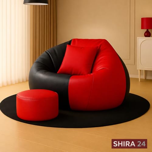 Image of 4XL Tear Drop Bean Bag with Footrest & Cushion | Premium Leatherette Bean Bag Cover | XXXXL Lounger Chair for Living Room | Without Beans | Upto 150 Kg (Red::Black, XXXXL)