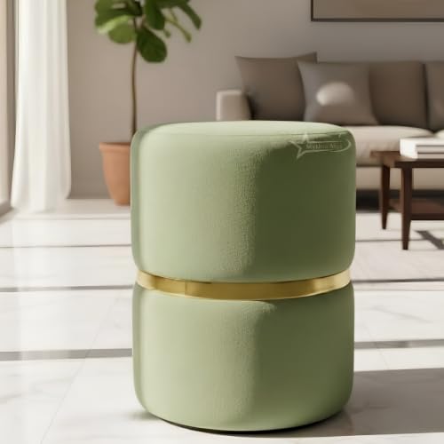 Image of Round Single Strip Upholstered Stool Living Room Foot Rest Linen Fabric Padded Seat Pouf Ottoman Office Stool (Pista Green)