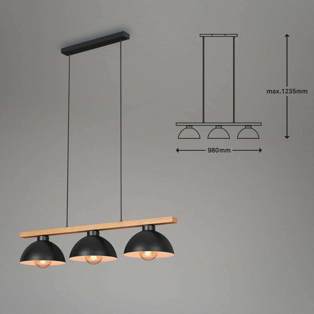 BRILONER Leuchten 4046-035 - Lampada a sospensione vintage, 3 x E27, max. 40 Watt, in metallo e legno, 980 x 250 x 1035 mm (L x P x A)